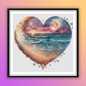 Watercolor Beach Night Cross Stitch Pattern: Full Moon, Starry Sky, Heart Landscape Embroidery PDF