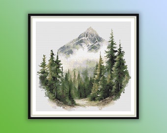 May include: A cross-stitch pattern featuring a snowy mountain peak with a forest of evergreen trees in the foreground. The mountain is surrounded by clouds and the trees are arranged in a circular pattern.