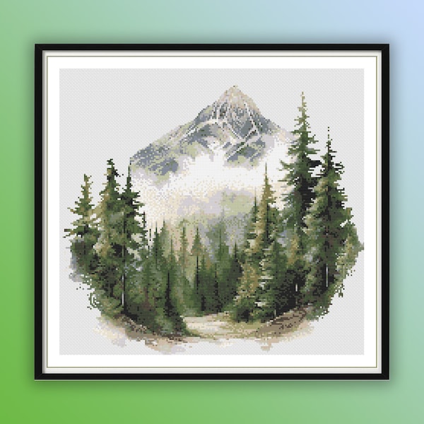 Watercolor Pine Forest and Mountains Counted Cross Stitch PDF Pattern, Rainforest Landscape, Autumn Forest, Hand Embroidery