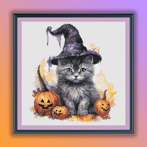 Watercolor Halloween Witch Kitten Counted Cross Stitch PDF Pattern, Magic Halloween Animals, Hand Embroidery, Modern Cross Stitch Chart