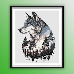 Aquarell Woodland Wolf PDF Stickmuster, Waldlandschaft, Wildtiere, moderne Kreuzstichvorlage, Handstickerei