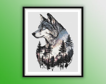 Watercolor Wolf Cross Stitch Pattern: Woodland Forest Landscape PDF, Modern Embroidery Chart