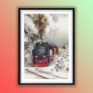 Lokomotywa śnieżna, wzór haftu krzyżykowego na pociąg w stylu vintage | Schemat DMC w formacie PDF | Aida 14Ct 16Ct