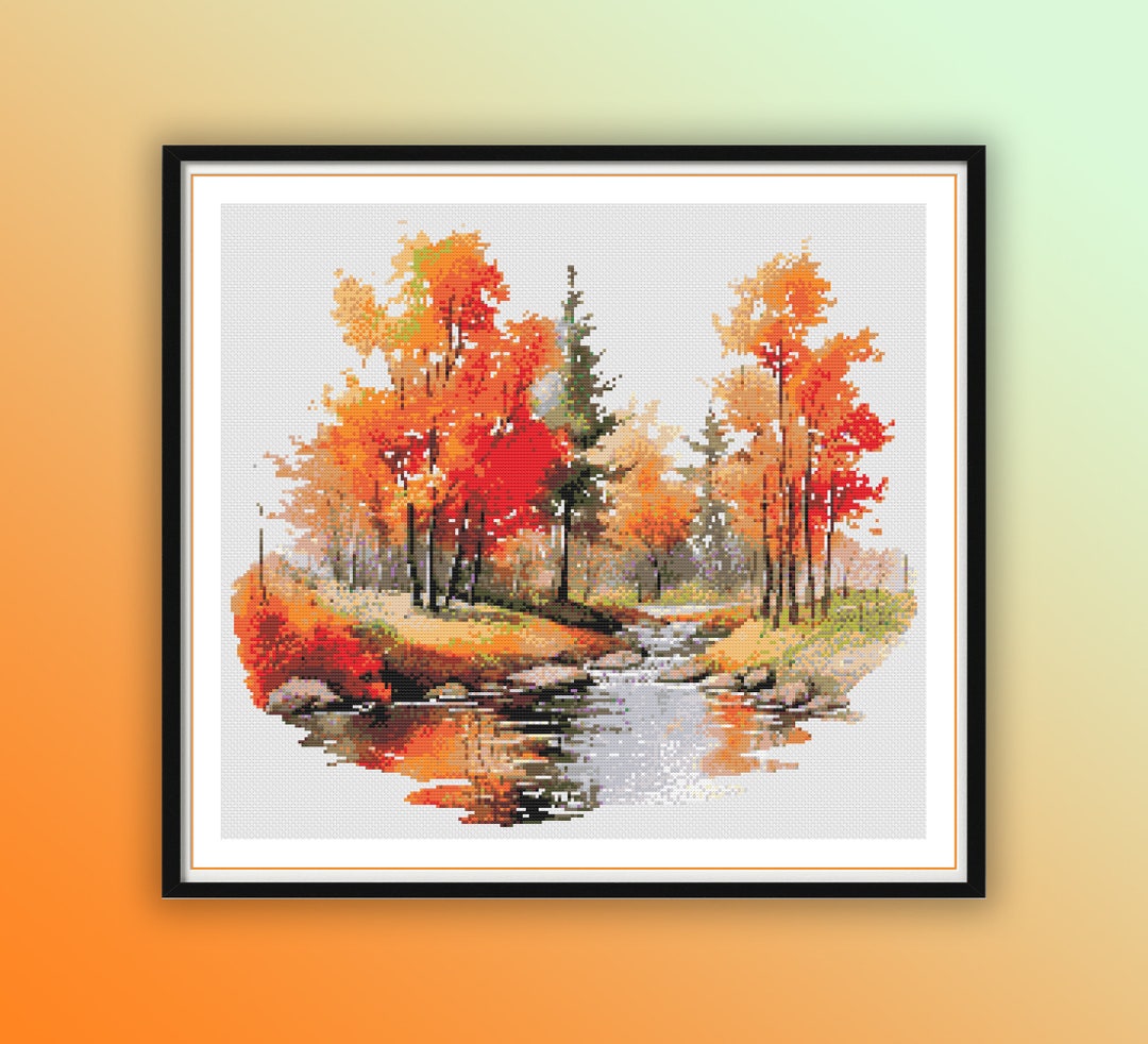 Watercolor Autumn Forest Landscape Cross Stitch Pattern: Fall River ...