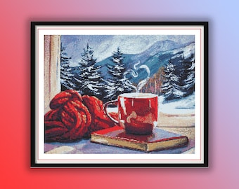 Watercolor Window Fantasy Counted Cross Stitch PDF Pattern, Book and Red Coffee Cup, Winter Woodland House, Snowy Trees, Winter Landscape