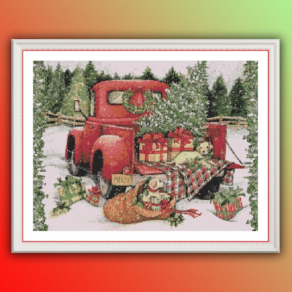 Weihnachten Roter LKW Kreuzstichmuster, Weihnachtsbaum, Weihnachtsgeschenke, Frohe Weihnachten, Weihnachten Hand Embroidery Chart