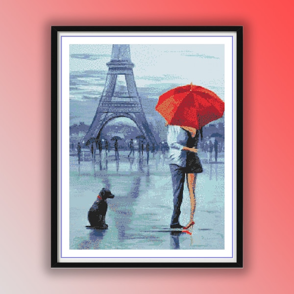 Watercolor Love in Paris Counted Cross Stitch PDF Pattern, The Eiffel Tower, Romantic Rainy Day in Paris, Romantic Loving Couple, Embroidery
