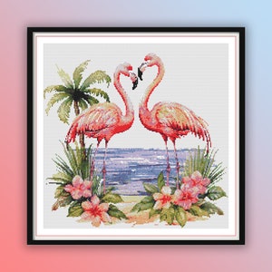 Romantic Flamingo Couple Watercolor Cross Stitch Pattern - Tropical Valentine&#39;s Embroidery PDF Download