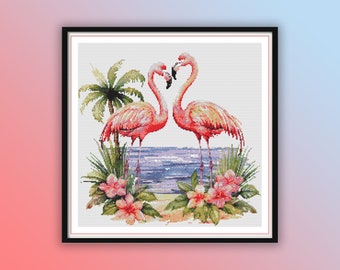 Watercolor Tropical Pink Flamingo Couple Counted Cross Stitch PDF Pattern, Valentine's Flamingo, Modern Cross Stitch Chart, Hand Embroidery