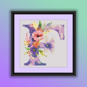 Patrón de punto de cruz en PDF, letra F con flores de acuarela, flores de primavera, alfabeto floral, bordado a mano, gráfico de punto de cruz moderno