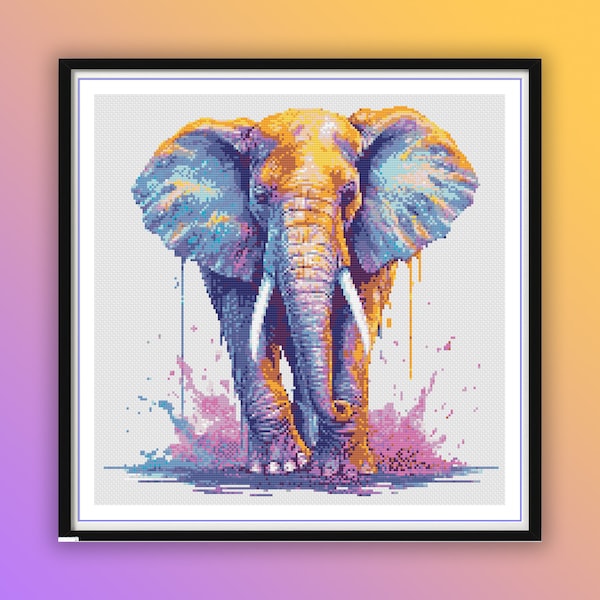 Watercolor Elephant Counted Cross Stitch PDF Pattern, Wild Animals, Forest Animals, African Safari Animals, Hand Embroidery