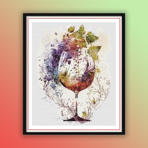 Enchanting Watercolor Wineglass Cross Stitch Pattern - Romantic Valentine&#39;s Day Wine & Grapes Embroidery