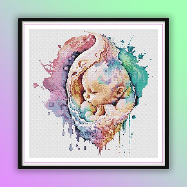 Watercolor Baby in Womb Counted Cross Stitch PDF Pattern, Pregnant Mother, Happy Pregnancy, Hand Embroidery, Modern Cross Stitch Chart