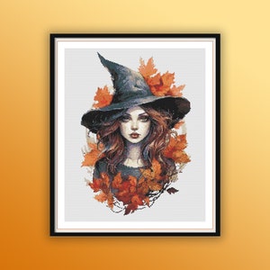 Aquarel herfstheks pdf-patroon met getelde kruissteek, herfstbladeren, moderne kruissteekkaart, handborduurwerk
