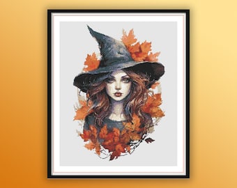Enchanting Watercolor Autumn Witch Cross Stitch Pattern: Magical Forest Landscape PDF for Beginners