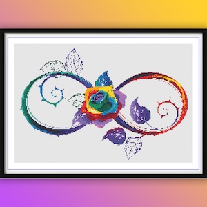 Puede incluir: Una rosa de color arcoíris con hojas está centrada en un símbolo de infinito. El símbolo de infinito también es de color arcoíris.