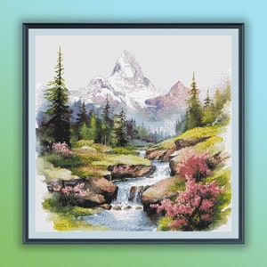 Aquarell Wald Fluss Landschaft Kreuzstich PDF Muster, Frühling Natur, moderne Kreuzstichvorlage, Handstickerei