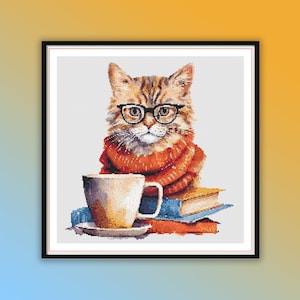 Aquarelle fantaisiste de livres de lecture de chat avec du café - modèle PDF moderne au point de croix compté