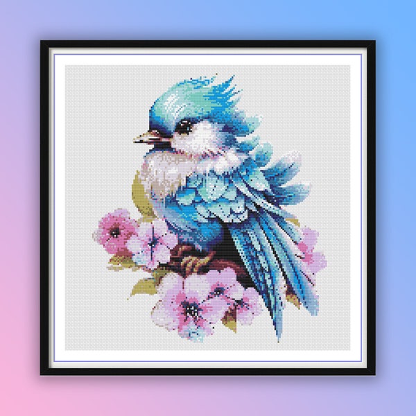 Watercolor Floral Blue Bird Counted Cross Stitch PDF Pattern, Hand Embroidery, Modern Cross Stitch Chart