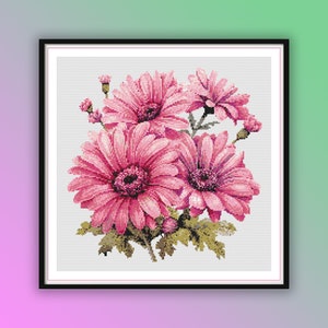 Pink Gerbera Daisy Cross Stitch Pattern: Floral Design PDF Chart for Needlework Enthusiasts