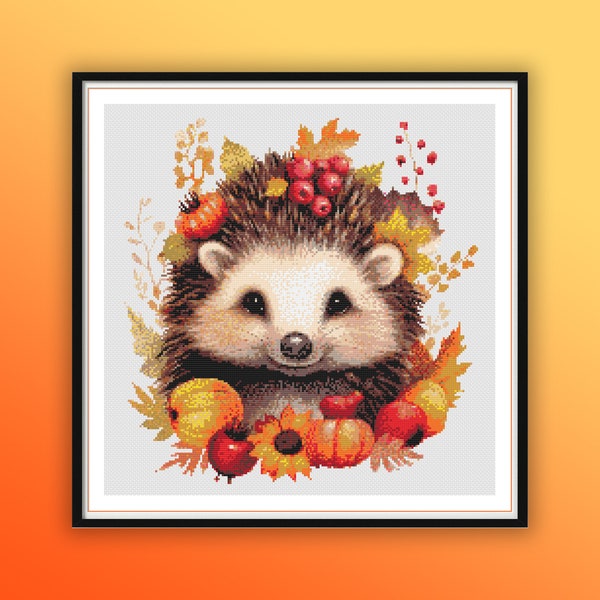 Watercolor Cute Autumn Hedgehog Counted Cross Stitch PDF Pattern, Fall Woodland Animals, Baby Animals, Hand Embroidery