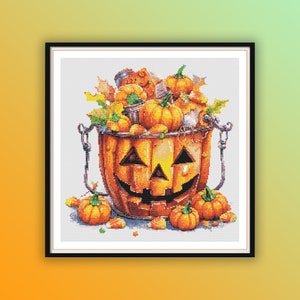 Watercolor Pumpkin Bucket Cross Stitch Pattern: Halloween Candy (PDF Pattern)