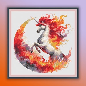 Watercolor Fire Unicorn Counted Cross Stitch PDF Pattern, Modern Cross Stitch Chart, Hand Embroidery