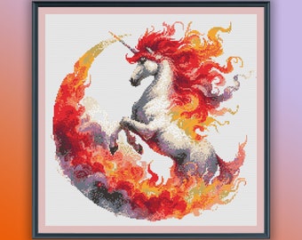 Magical Watercolor Fire Unicorn Cross Stitch Pattern: Modern Embroidery PDF for Fantasy Lovers