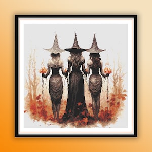 Watercolor Halloween Witches at Enchanted Forest Counted Cross Stitch PDF Pattern, Modern Cross Stitch Chart, Hand Embroidery