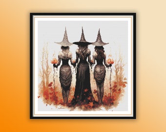 Watercolor Halloween Witches at Enchanted Forest Counted Cross Stitch PDF Pattern, Modern Cross Stitch Chart, Hand Embroidery