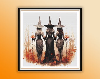 Enchanted Forest Halloween Witches Watercolor Cross Stitch Pattern - Modern PDF Chart for Hand Embroidery
