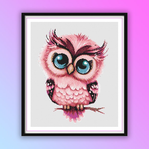 Watercolor Cute Pink Owl Counted Cross Stitch PDF Pattern, Wedding Owls, Valentine Birds, Modern Cross Stitch, Hand Embroidery