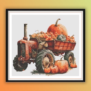 May include: A red tractor with a full wagon of pumpkins, gourds, and other autumn harvest items. The tractor is on a white background.