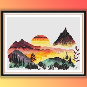 Aquarell Berge Sonnenuntergang Landschaft Kreuzstich PDF Muster, Kiefernwald, Sommer Sonnenuntergang, Handstickerei, Nadelspitze,