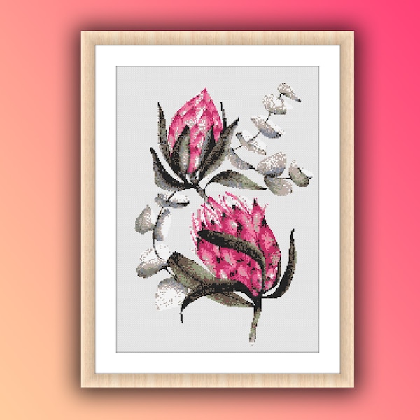Protea Flowers Counted Cross Stitch Pattern, Flowers Frame Cross Stitch, Gerbera Flower Cross Stitch Pattern, Floral PDF Pattern