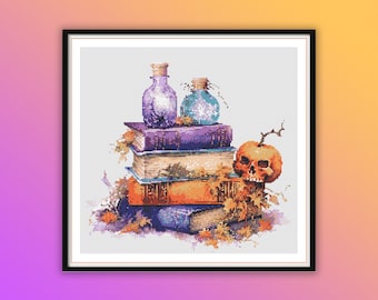 Watercolor Halloween Magic Books Counted Cross Stitch PDF Pattern, Witch's Potions, Spooky Pumpkins Modern Cross Stitch Chart