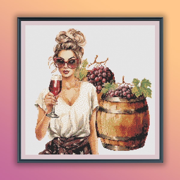 Aquarelle rétro fille du temps du vin, point de croix compté, motif PDF, vin et raisins, broderie à la main, grille de point de croix moderne