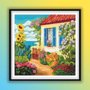 Padrão PDF de ponto cruz de casa floral à beira-mar em aquarela, paisagem de flores da primavera, paisagem à beira-mar, casas rústicas de verão