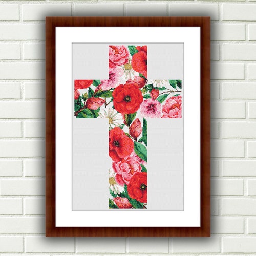 Christian Cross Cross Stitch Pattern With Flowers Easter Etsy