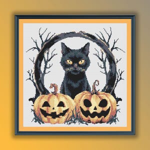 Watercolor Halloween Black Cat Counted Cross Stitch PDF Pattern, Magic Halloween Animals, Hand Embroidery, Modern Cross Stitch Chart