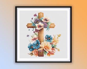Watercolor Floral Cross Christian Counted Stitch Pattern: Religious Spring Bouquet Embroidery PDF Design