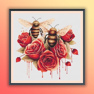 Watercolor Red Roses and Honey Bees Counted Cross Stitch PDF Pattern, Bumble Bee, Spring Flowers and Queen Bee, Hand Embroidery