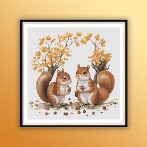 Autumn Woodland Squirrel Couple Embroidery Pattern: PDF Cross Stitch Chart for Fall Decor