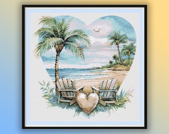 Watercolor Retro Chairs On The Beach Counted Cross Stitch PDF Pattern, Summer Seascape, Tropical Beach Landscape, Modern Cross Stitch Chart