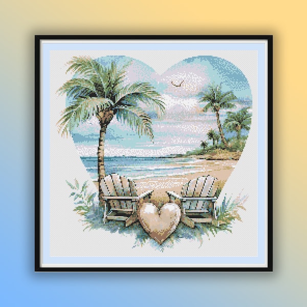 Watercolor Retro Chairs On The Beach Counted Cross Stitch PDF Pattern, Summer Seascape, Tropical Beach Landscape, Modern Cross Stitch Chart