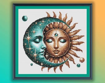 Patrón PDF de punto de cruz contado de sol y luna con acuarela celestial mística - Bordado a mano bohemio