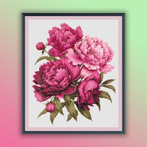 水彩画の咲く牡丹の花のクロスステッチのPDFパターン、花束のクロスステッチ、フラワーアレンジメント、手刺繍