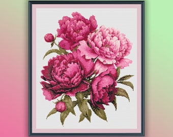 Watercolor Blooming Peony Flowers Counted Cross Stitch PDF Pattern, Bouquet Cross Stitch, Flower Arrangement, Hand Embroidery