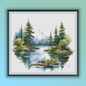 Aquarell See und Wald Kreuzstich PDF Muster, nebelige Berge Landschaft, moderne Kreuzstichvorlage, Handstickerei