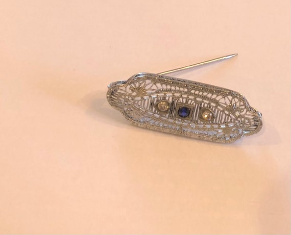1920 Antique Art Deco Diamond Sapphire Broach - image 2